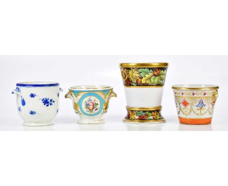 ATTRIBUTED TO SPODE; a 19th century hand painted cache pot with floral decoration and gilt detail, no.303, with stand, height