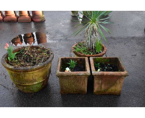 Four garden planters, comprising a circular planter, height 42cm, two square planters and a smaller circular planter (4)   Co