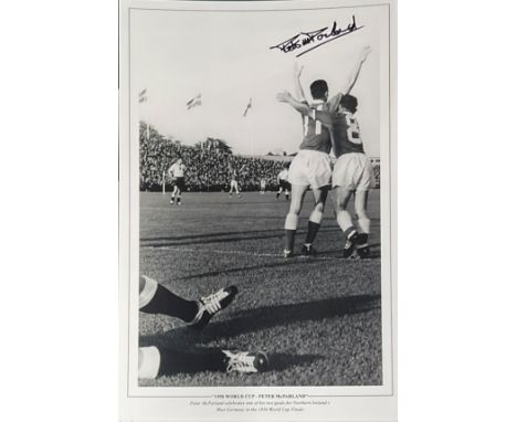 Peter McParland signed 16x12 1958 World Cup black and white print. Peter McParland celebrates one of his two goals for Northe