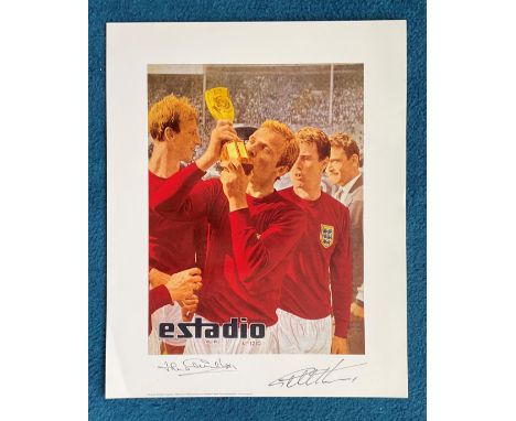 Jack Charlton and Geoff Hurst signed 22x15 print picturing the cover of Chilean magazine Estadio from 1966 depicting some of 