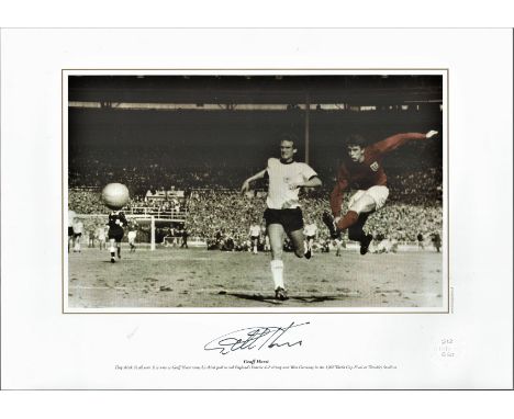 Football, Sir Geoff Hurst signed 12x16 colourised photograph picturing Hurst scoring the famous Hat Trick goal winning Englan