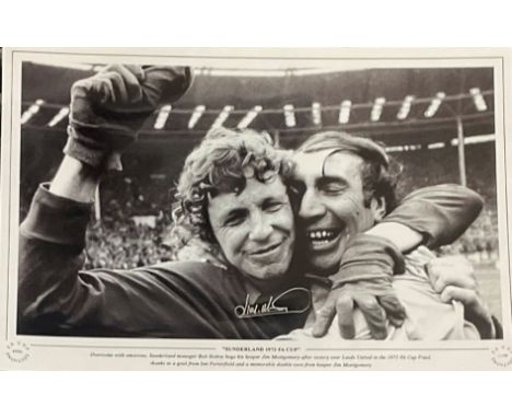 Jim Montgomery signed Sunderland 1973 FA Cup 16x12 black and white print. Overcome with emotion ,Sunderland Manager Bob Stoko