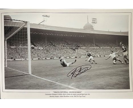 Bobby Smith signed 1962 FA Cup Final Smith Scores! 16x12 black and white print. Tottenham Hotspur's Bobby Smith blasts his te