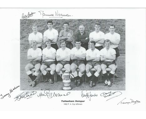 Tottenham Hotspur multi signed 1962 F. A Cup Winners 16x12 black and white photo signatures include Peter Baker, Maurice Norm