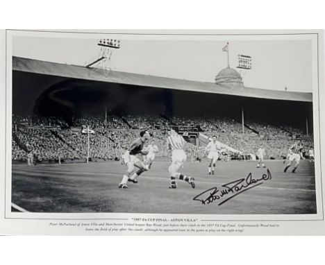 Peter McParland signed 16x12 1957 F. A Cup Final Aston Villa black and white print. Peter McParland of Aston Villa and Manche