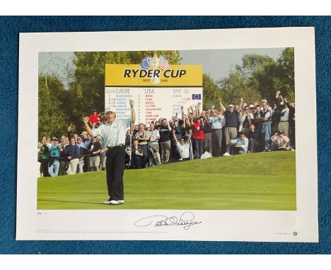 Bernhard Langer signed 22x16 Golf Greats Big Blue Tube colour print Ryder Cup matches The Belfry 2002 Final day match 20 Bern