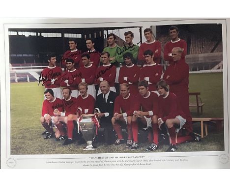 Manchester United 1968 European Cup 16x12 multi signed colour print signatures included are Bill Foulkes, John Aston, Alex St