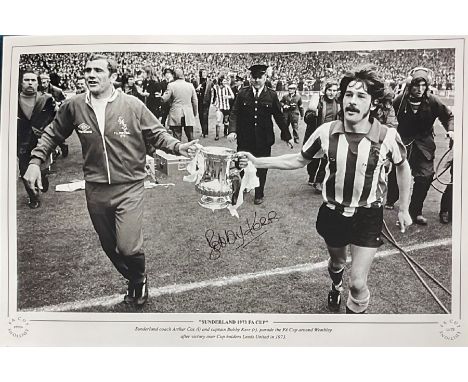 Bobby Kerr signed Sunderland 1973 FA Cup 16x12 black and white print. Sunderland coach Arthur Cox and Captain Bobby Kerr para