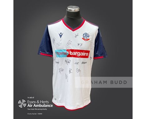 Bolton Wanderers 2020-21 season replica shirt personally signed in black marker to the front by 18 members of the playing squ