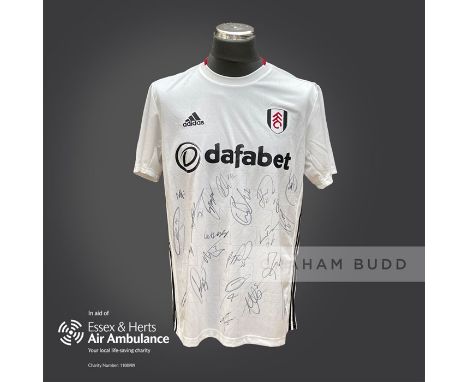 Fulham 2019-20 season replica shirt personally signed in black marker to the front by 22 members of the playing squad. Comes 