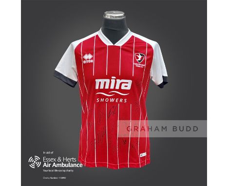 Cheltenham Town 2020-21 season replica shirt personally signed in black marker to the back by 20 members of the playing squad