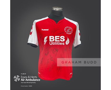 Fleetwood Town 2019-20 season replica shirt personally signed in black marker to the front by 18 members of the playing squad