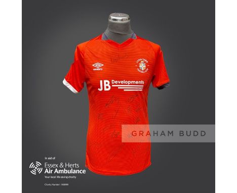 Luton Town 2020-21 season replica shirt personally signed in black marker to the front by 22 members of the playing squad. Co