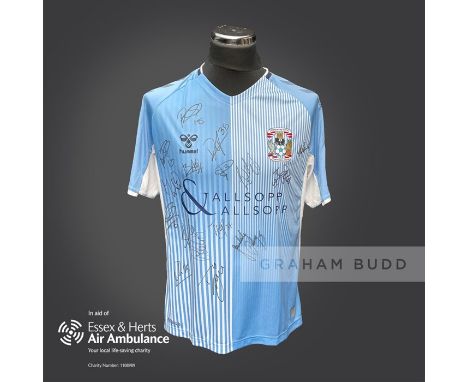 Coventry City 2019-20 season replica shirt personally signed in black marker to the front by 16 members of the playing squad.