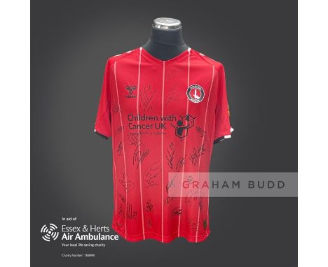 Charlton Athletic 2019-20 season replica shirt personally signed in black marker to the front by 27 members of the playing sq