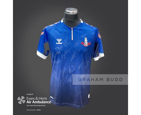 Oldham Athletic 2020-21 season replica shirt personally signed in silver marker to the front by 25 members of the playing squ