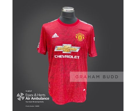 Manchester United 2020-21 season Luke Shaw match issued shirt personally signed in black marker to the front by 20 members of
