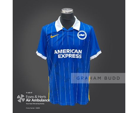 Brighton and Hove Albion 2020-21 season replica shirt personally signed in black marker to the front by 15 members of the pla