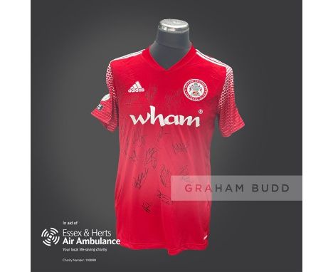 Accrington Stanley 2020-21 season replica shirt personally signed in black marker to the front by 16 members of the playing s