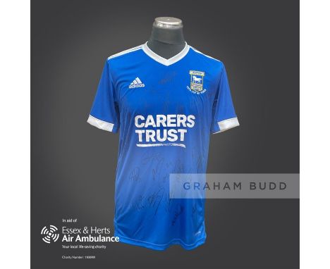 Ipswich Town 2020-21 season replica shirt personally signed in black marker to the front by 24 members of the playing squad. 