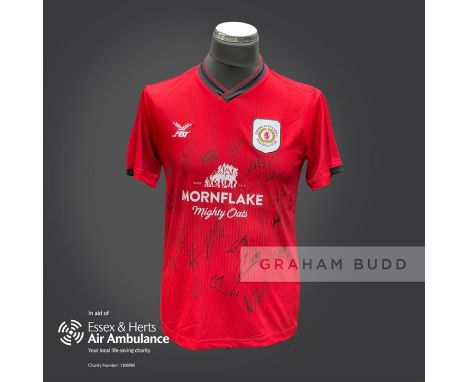 Crewe Alexandra 2020-21 season replica shirt personally signed in black marker to the front by 20 members of the playing squa