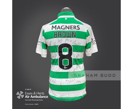 Glasgow Celtic 2019-20 season Scott Brown match issued shirt personally signed in black marker to the back by 26 members of t