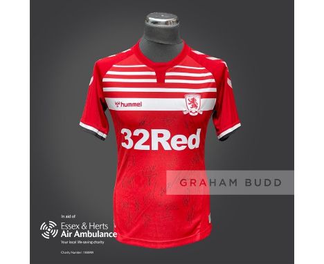 Middlesbrough 2019-20 season replica shirt personally signed in black marker to the front by 20 members of the playing squad.