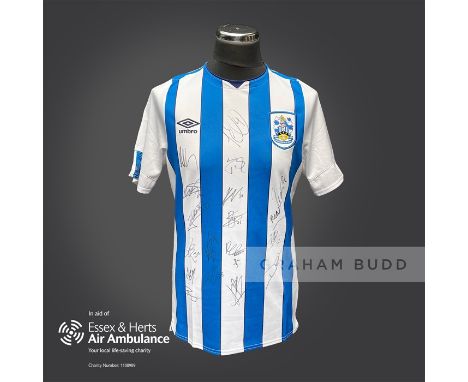Huddersfield Town 2019-20 season replica shirt personally signed in black marker to the front by 18 members of the playing sq