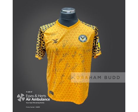 Newport County 2019-20 season replica shirt personally signed in black marker to the front by 24 members of the playing squad