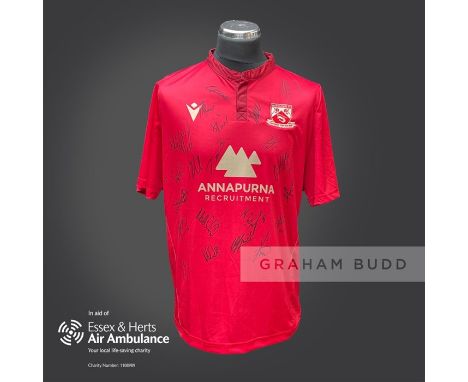 Morecambe 2020-21 season replica shirt personally signed in black marker to the front by 21 members of the playing squad. Com