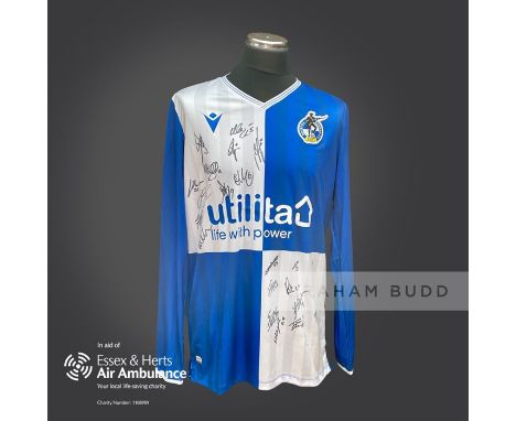 Bristol Rovers 2019-20 season replica shirt personally signed in black marker to the front by 22 members of the playing squad