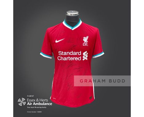 Liverpool 2020-21 season replica shirt personally signed in black marker to the front by 14 members of the playing squad. Com