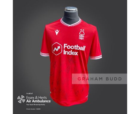 Nottingham Forest 2020-21 season replica shirt personally signed in black marker to the front by 24 members of the playing sq