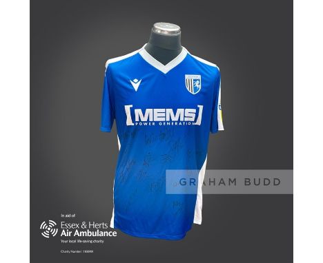 Gillingham 2019-20 season replica shirt personally signed in black marker to the front by 19 members of the playing squad. Co
