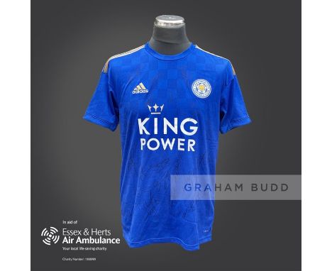 Leicester City 2019-20 season replica shirt personally signed in black marker to the front by 23 members of the playing squad