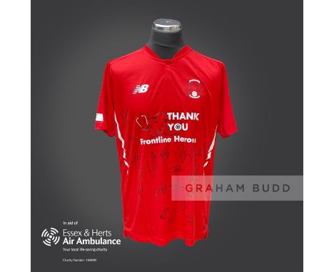 Leyton Orient 2020-21 season replica shirt personally signed in black marker to the front by 20 members of the playing squad.