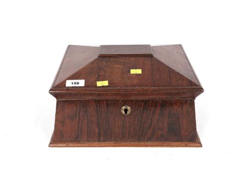 A 19th Century rosewood sewing box, with brass keyhole, the hinged lid with inlaid geometric parquetry to its underside, open