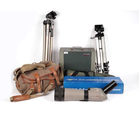 A selection of camera and video equipment, including: a Billingham canvas bag, with brown leather edges and fastenings; a vin