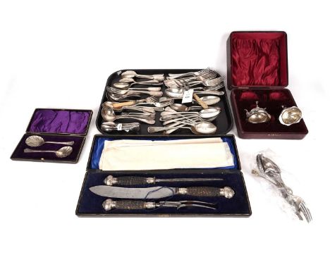 A selection of silver and silver plated wares, including: two late 19th Century silver salts, by Cooper Brothers, Sheffield, 