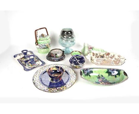 A selection of Maling decorative lustreware, including: a ‘Columbine circular plate, in ‘Spode blue’, 28cms diameter; a pair 