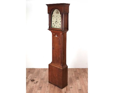A 19th Century oak longcase clock, painted Roman dial with indistinct makers mark, floral spandrels, set within a canted wais