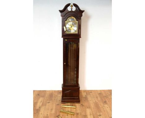 A German quarter chiming mahogany longcase/grandfather clock by Interclock, the brass and silvered dial with Arabic numerals 