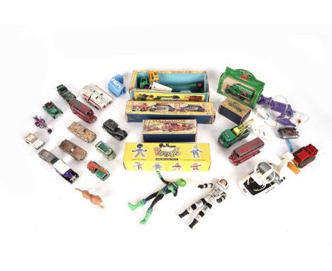 A selection of vintage diecast model vehicles and other toys, including: a Matchbox King Size K-15 ‘Merryweather Fire Engine’