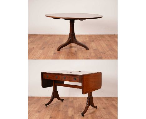 A 19th Century mahogany tilt top oval table, raised on a tripod base, 84 x 110 x 64cm high; together with a Regency style mah