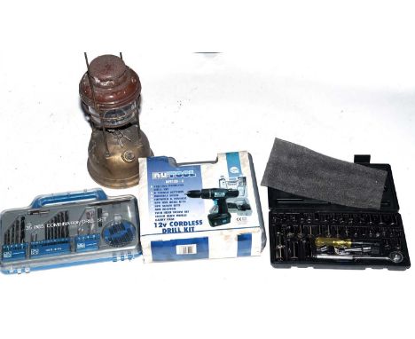 A Nu-Tool NPT120-2 12v cordless drill, with charger, in its case; together with a selection of other tools and tool accessori