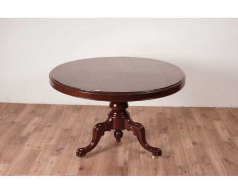 A 19th Century mahogany tilt action breakfast table of circular form, raised on a tripod base, 115 x115 x 74cm high.