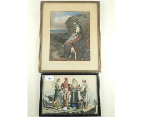 A 19th century coloured print of Italian sailor and three women 16 x 23cm and another Italian print of a young woman with a d