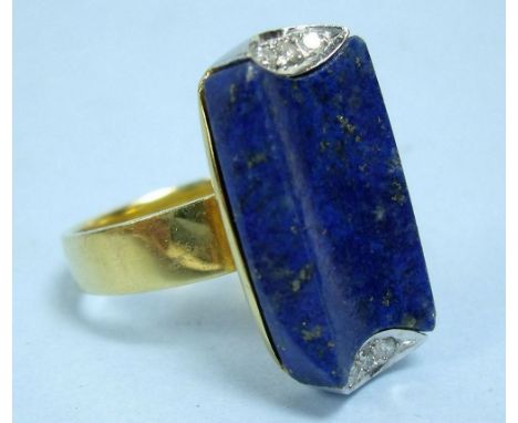 An unusual Art Deco style 18 k gold lapis lazuli and diamond set ring, size L