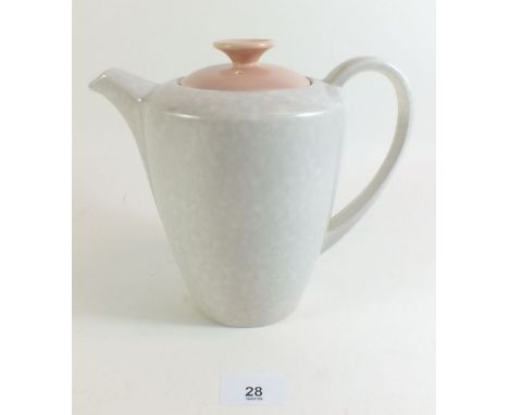 A Poole pink and grey coffee set comprising coffee pot, sugar, cake plate, four larger tea cups and saucers and ten coffee cu
