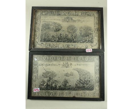 A pair of 18th century steel engravings after C Lempriere 'Battle Views' with portrait vignette border 26 x 53cm